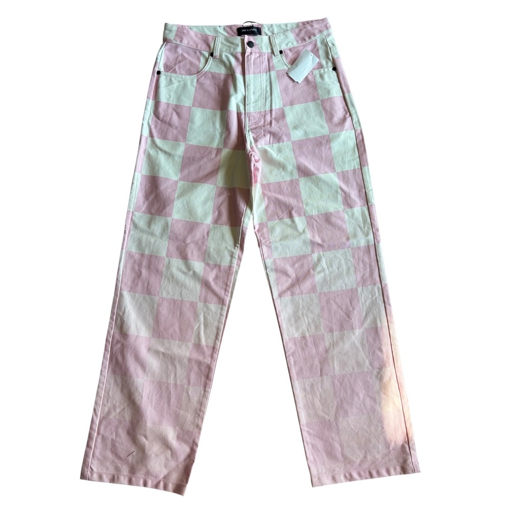 Santo Studio Pink White Checkered Denim Jeans Straight Leg Size 32 NWT